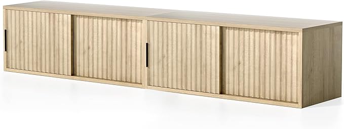 Fluted Floating TV Stand Set of 2, 30" Multi-Purpose Modern TV Display Shelf Console Entertainment Center Cabinet with Sliding Doors for Bedroom Living Room Entryway, Light Oak