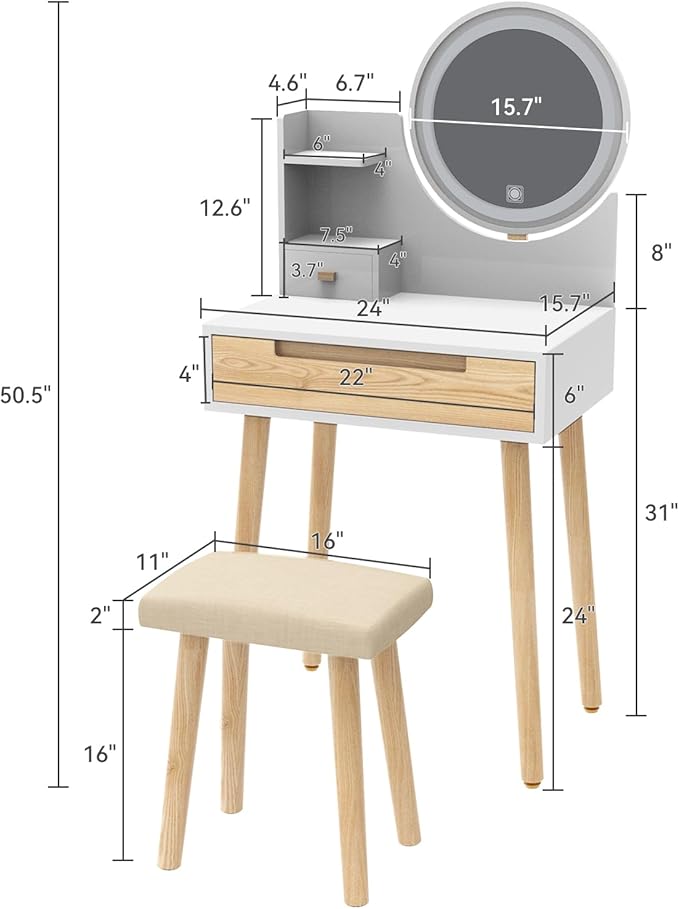 ARTETHYS Small Vanity Desk Set with 3 Adjustable Lighted Mirror and Storage Shelf White Tiny Makeup Vanities Set with Drawer for Bedroom 24 Inch Compact Dressing Table for Mini Space