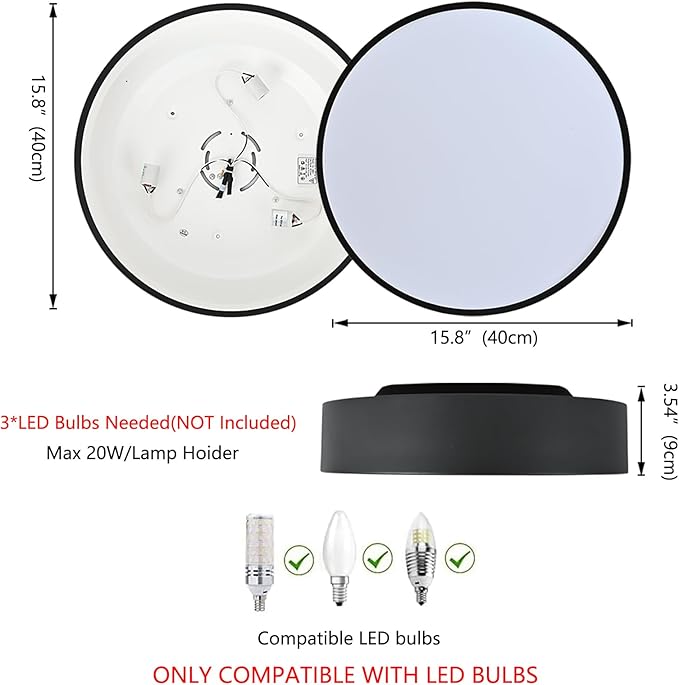 Modern Flush Mount Ceiling Light, 3-Lights Round Black Ceiling Light Fixtures, Minimalistic Ceiling Lamp Acrylic Shade Lighting Fixture for Bedroom Laundry Room Living Room Hallway(15.8")