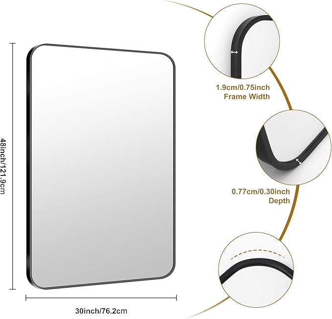 KOCUUY Black Bathroom Vanity Mirror, 30 x 48 inch Metal Frame Mirror with Rounded Corner, Rectangle Design of Upgraded Shatterproof Glass for Bathroom, Bedroom, Living Room, Entryway
