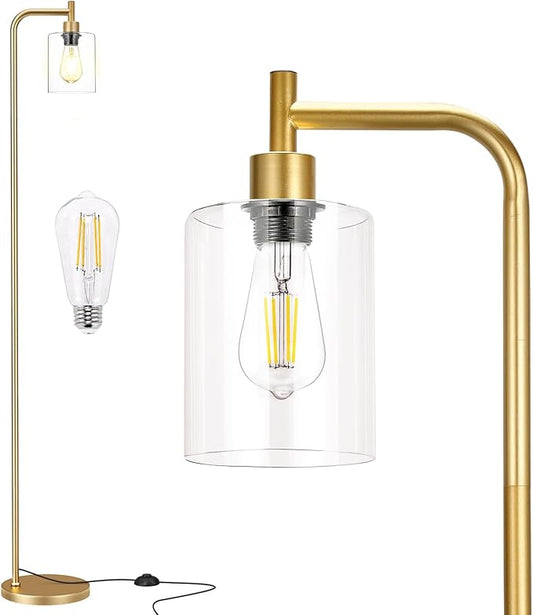 Floor Lamps for Living Room - Industrial Standing Lamp with Glass Shade, Modern Gold Floor Lamp with LED Bulbs, Farmhouse Floor Lamp for Bedroom, Tall Lamp for Office - Gold
