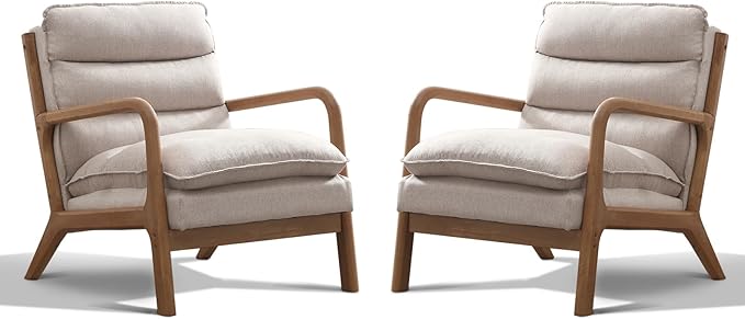 Phoenix Home Accent Chair Set of 2 Mid Century Lounge Chair PU Leather, Upholstered Reading Armchair with Lumbar Pillow & Solid Wood Frame for Office, Living Room Bedroom, Balcony, Beige