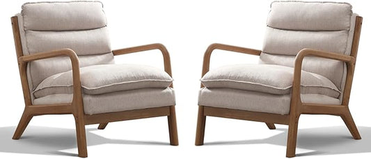 Phoenix Home Accent Chair Set of 2 Mid Century Lounge Chair PU Leather, Upholstered Reading Armchair with Lumbar Pillow & Solid Wood Frame for Office, Living Room Bedroom, Balcony, Beige