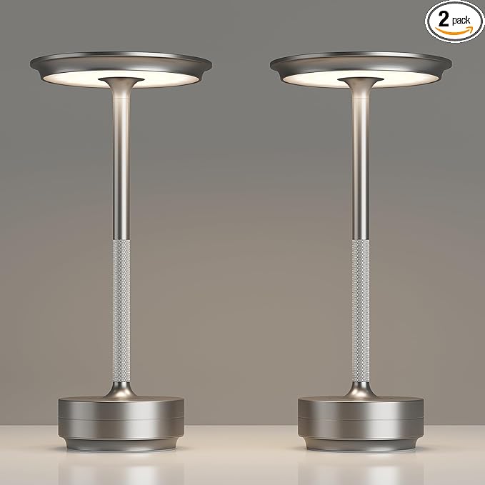 2 Pack Rechargeable Cordless Table Lamps, Portable 5000mAh Battery Table Light, 3 Color Stepless Dimming LED Table Light with Memory Function, for Outdoor/Dinner/Patio/Restaurant.(Silver)