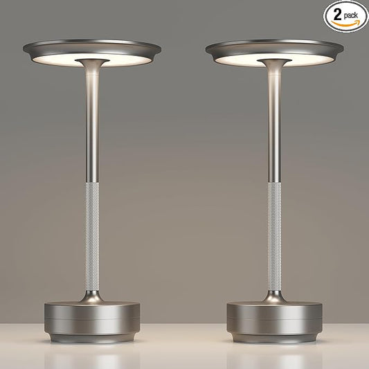 2 Pack Rechargeable Cordless Table Lamps, Portable 5000mAh Battery Table Light, 3 Color Stepless Dimming LED Table Light with Memory Function, for Outdoor/Dinner/Patio/Restaurant.(Silver)