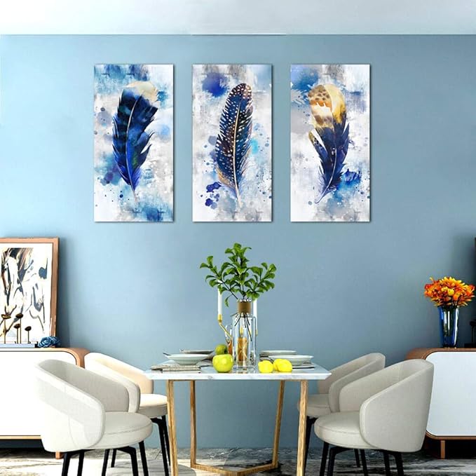 Pogusmavi Blue Canvas Wall Art for Living Room Large Modern Artwork Watercolor Feather Print Picture 3 pieces Canvas Wall Art Bedroom Wall Decor Ready to Hang for Home Office Decoration
