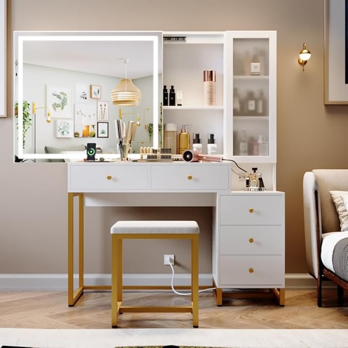 White Makeup Vanity Desk with Sliding Mirror and LED Lights,Power Outlet&Vanity Stool for Makeup Table,Makeup Organizer Countertop Cabinets&5 Storage Drawers, Vanity Table for Women