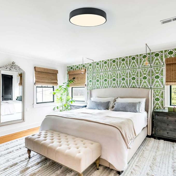 Modern Black Flush Mount Ceiling Light, 3-Lights Round Ceiling Light, Minimalistic Ceiling Lamp Acrylic Shade Lighting Fixture for Bedroom Laundry Room Bathroom Hallway(15.8 Inch)