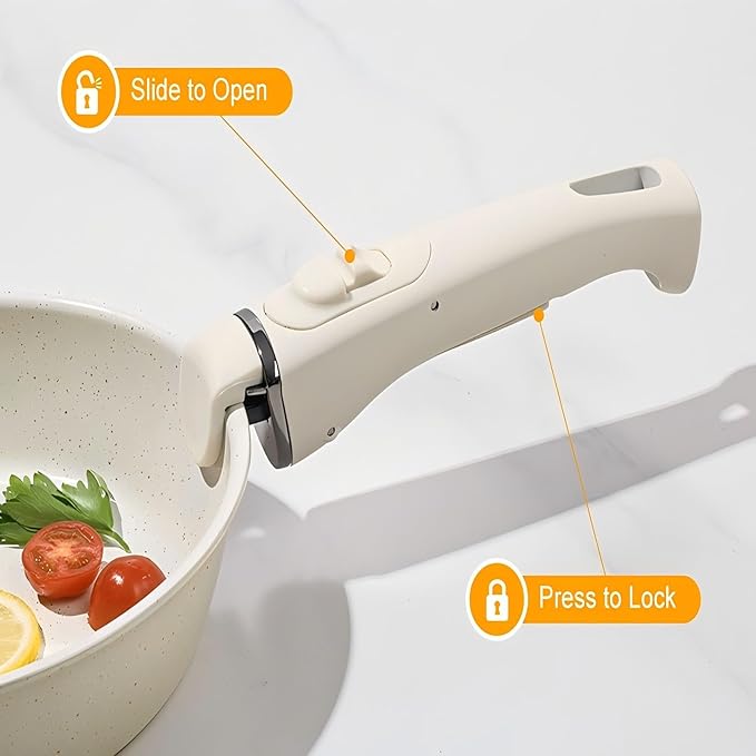 20 Pcs Ceramic Cookware Set Non Stick Frying Pots and Pans Set Non Toixc Cookware-PFAS/PFOA/PTFE Free, with Removable Handle for RV Kitchen, Induction & Dishwasher Safe Cream White