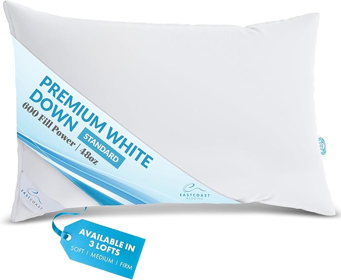 East Coast Bedding Goose Down Sleeping Pillow White 600 Fill Power with 400 Thread Count 100% Cotton for Couch, Side Sleeper, Travel & Bed Pillows - Queen Size Firm - Single Pack
