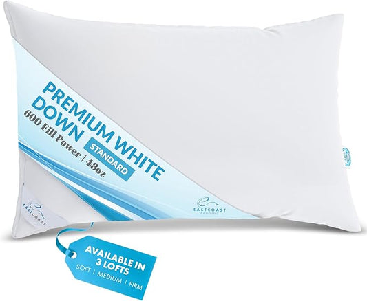 East Coast Bedding Goose Down Sleeping Pillow White 600 Fill Power with 400 Thread Count 100% Cotton for Couch, Side Sleeper, Travel & Bed Pillows - Queen Size Medium - Single Pack