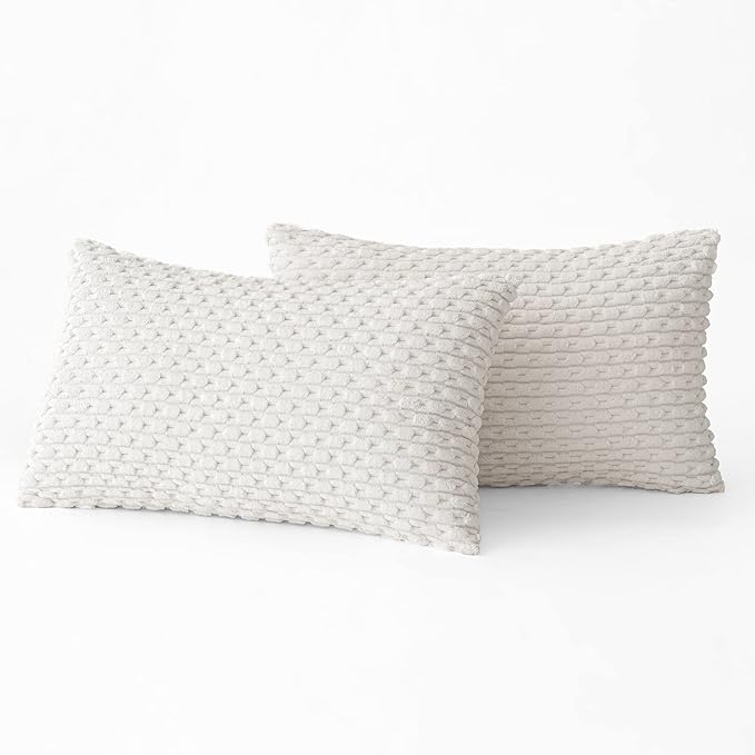 MIULEE Throw Pillow Covers Soft Corduroy Decorative Set of 2 Boho Striped Pillow Covers Pillowcases Farmhouse Home Decor for Couch Bed Sofa Living Room 12x20 Inch Pure White