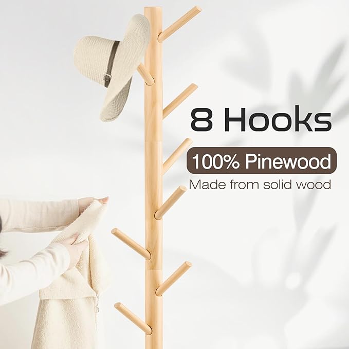 Coat Rack, Freestanding Coat Rack with 8 Hooks and 3 Adjustable Size Tree Coat Racks for Bedroom, Hallway, Entrance, Office, for Hats, Coats, Scarves, Handbags