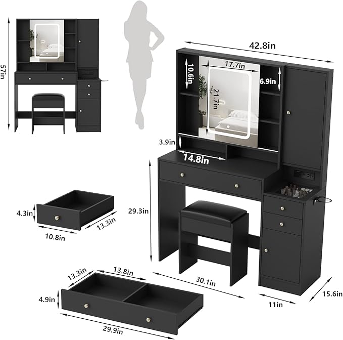 Vabches Vanity Desk with Mirror and Lights, Vanity Table Makeup Vanity with Lights 3 Drawers and Cabinets, Charging Station & Sliding Door, Lots Storage Shelves