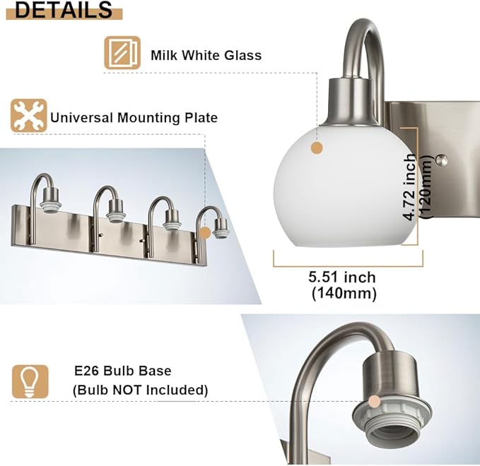 37 Inch Bathroom Light Fixtures, 5-Lights Modern Brushed Nickel Vanity Lighting with Milk White Globe Glass Shade, Bath Wall Mount Sconces for Over Mirror Kitchen