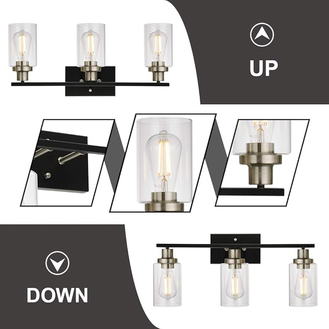 MELUCEE Modern Bathroom Lighting with Clear Glass Shade, 3-Light Black Vanity Light Wall Mount Lamp for Bedroom Vanity Table Bathroom Dressing Table, Brushed Nickel Socket (Patent No.: US D963914 S)