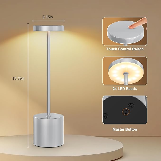 Rechargeable Table Lamp – 2 Pack Touch Lamps, Cordless Desk Lamp, 5000mAh Battery Operated Lamp with 3-Color Dimmable Light, Portable LED Lamp for Bedroom, Dining Room, Patio, Outdoor (Silver)