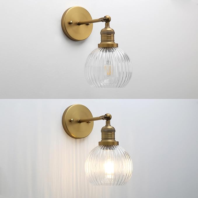Vintage Wall Sconce 1-Light with Clear Striped Glass Globe Shade, Hardwired Modern Indoor Wall Vanity Light Fixture for Farmhouse Living Room Bedroom Bathroom