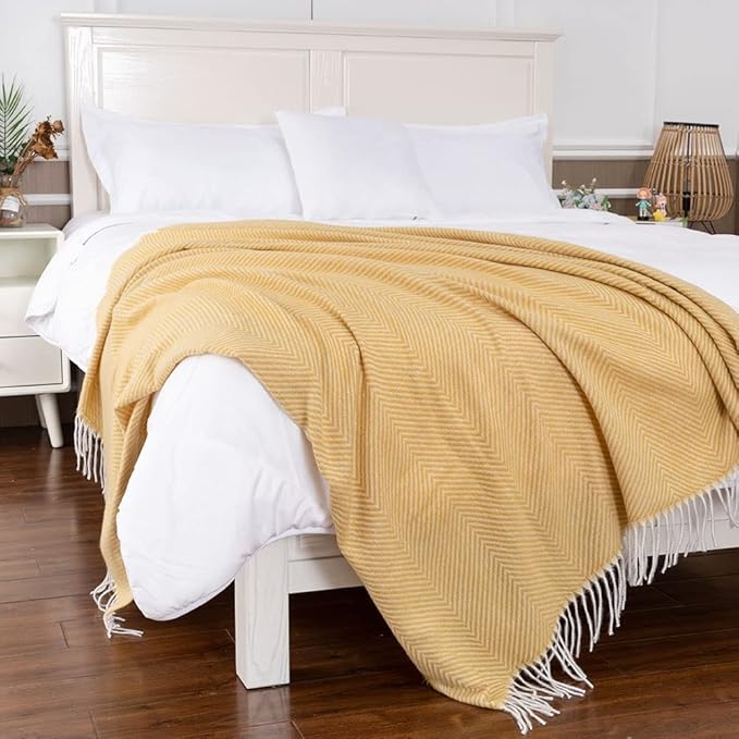 Gealaek Decorative Herringbone Faux Cashmere Throw Blanket Yellow Cheveron Fringe Lightweight Fuzzy Soft Cozy Throws for Sofa Bed Farmhouse Throw Blanket 50" x 60"