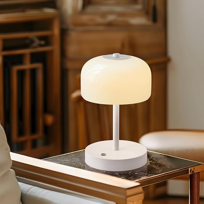 PORTRES Cordless Table Lamp Rechargeable Battery Operated Mushroom lamp Opal Glass Shade 3 Way Dimmable LED Touch Outdoor Lamp for Camping Bedroom Dining Living Room Beside Patio Restaurant,White