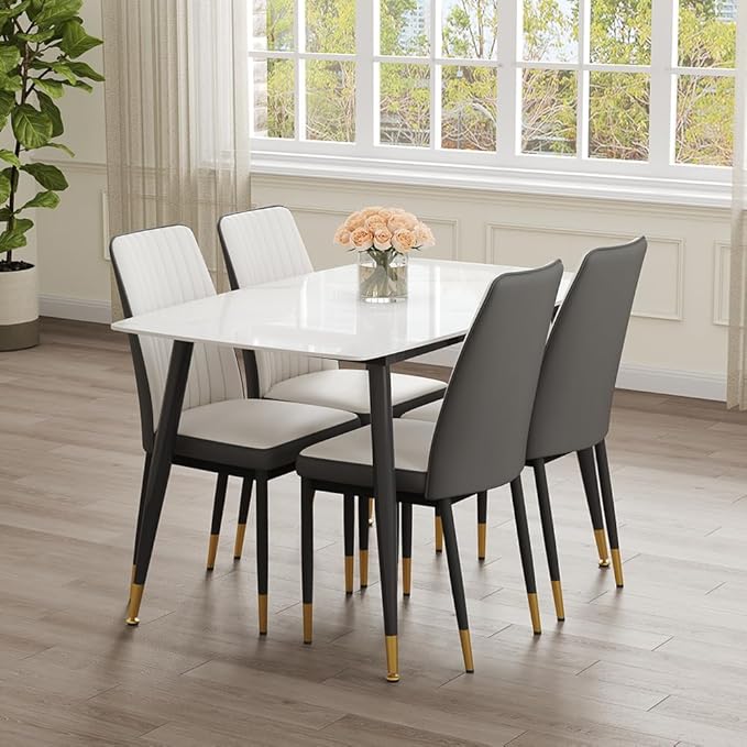 50" White Modern Sintered Stone Dining Table Set for 4 Faux Marble Dining Table with 4 Upholstered PU Leather Chair Dining Room Table Set for Kitchen Apartment(1White Table+4White &Gray Chairs)