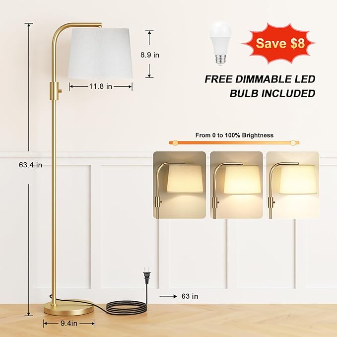 Ambimall Fully Dimmable Floor Lamp - Floor Lamps 9W LED Light Bulbs, Standing Lamps for Living Room, Modern Standing Light Tall Lamp for Bedroom (Gold and Light Beige)