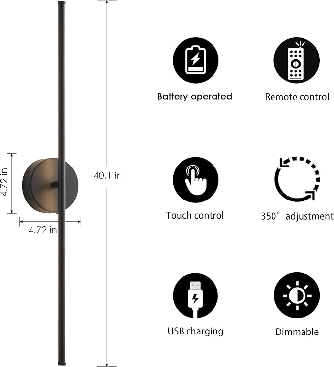 Battery Operated Wall Sconces, Dimmable Wall Sconces Set of Two, 350°Rotate, 3000K LED Black Wireless Wall Light for Living Room, Bedroom,Hallway, 40.1 Inch (2 Pack)