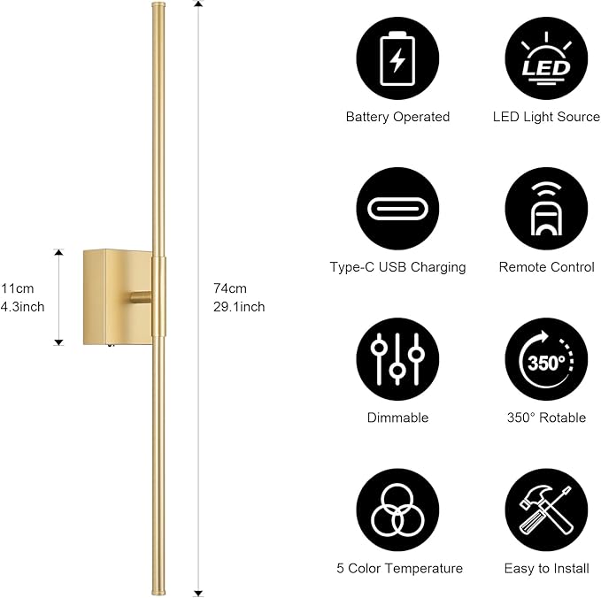 Battery Operated Wall Sconce Set of Two with Remote Control, 3000K-6000K Dimmable Gold Wall Lights, Timable LED Wireless Wall Sconces, 350° Ratate for Bathroom, Living Room, Hallway 29.1 Inch