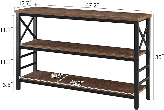 HOMBAZAAR Sofa Table,Industrial Console Table with Storage,Entryway Table with Engineered Wood and Metal,Rustic 3 Tier Shelf for Living Room,Hallway,Brown,47 Inch