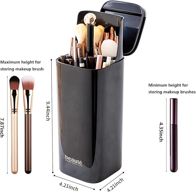 Makeup Brush Holder Organizer, One Touch for Open, Dustproof Make Up Organizer with Lid for Vanity Bathroom Countertop,Black