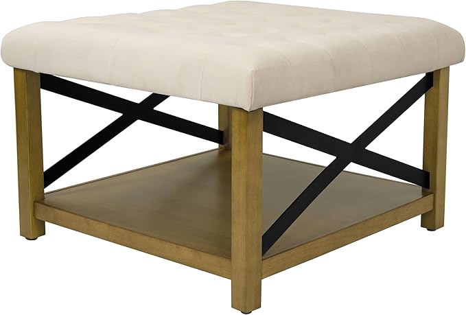 HomePop Tufted Ottoman with Wooden Storage - Cream