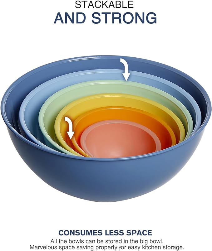 6-Piece Plastic Mixing Bowl Set with Lids for Kitchen, Nesting Storage Bowls for Baking, Prepping,Cooking and Serving Food, Dishwasher, Microwave Safe,Great for Mixing & Serving,Light blue