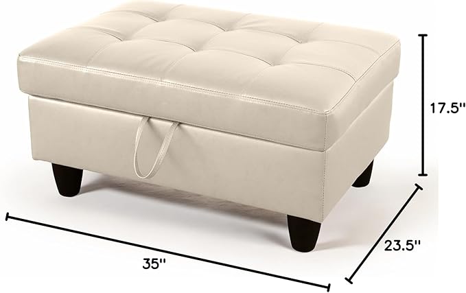Ottoman Rectangular Storage Ottoman Bench, Faux Leather Footrest, Coffee Table, Stool Footstool with Hinged Lid for Living Room, Bedroom, Entryway, Champagne, 35"x23.5"x17.5"