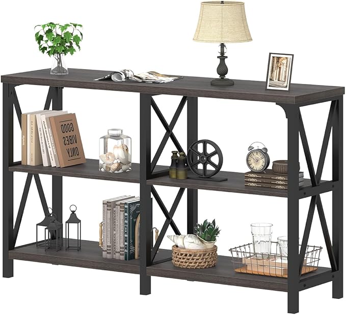 IBF Console Sofa Table, Industrial Metal Wood Entryway Table, Modern Hallway Foyer Table Behind Couch Table, 3 Tier Entry Table with Storage Shelves for Living Room Bedroom, Dark Gray Oak, 55 Inch