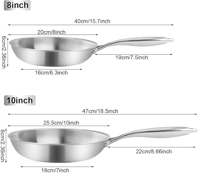 Fry Pan Set of 2 | 8" & 10" Tri-Ply Stainless Steel Frying Pan, Oven & Dishwasher Safe Classic Cooking Pan Cookware