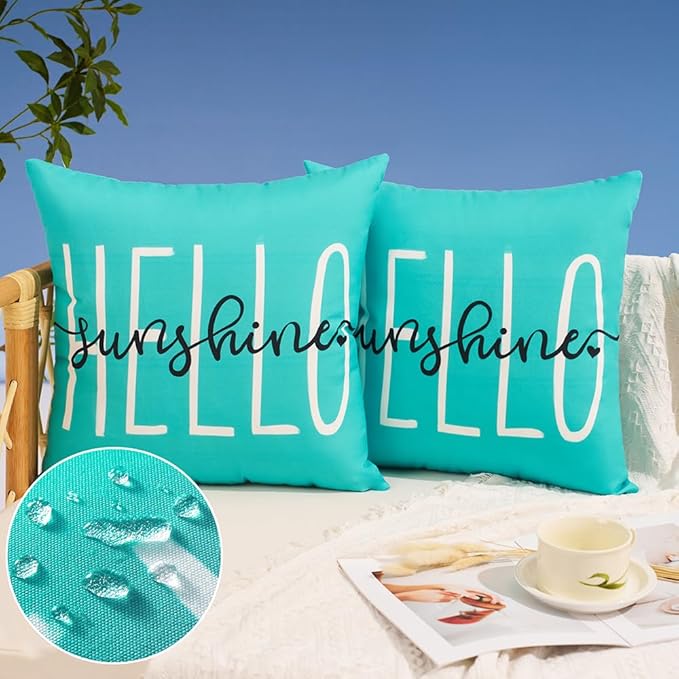 DFXSZ Outdoor Pillow Covers 16x16 Inch Set of 2 Hello Sunshine Decor Blue Green Waterproof Throw Pillow Covers Summer Outdoor Waterproof Pillow covers Decor for Patio Funiture Garden Sofa Couch 020D16