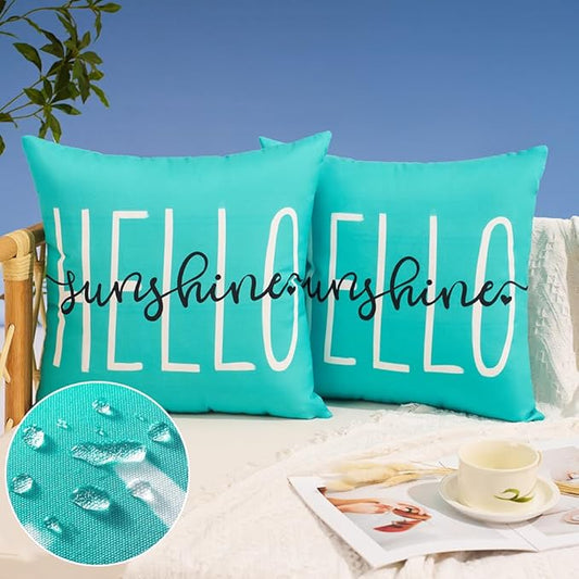 DFXSZ Outdoor Pillow Covers 16x16 Inch Set of 2 Hello Sunshine Decor Blue Green Waterproof Throw Pillow Covers Summer Outdoor Waterproof Pillow covers Decor for Patio Funiture Garden Sofa Couch 020D16