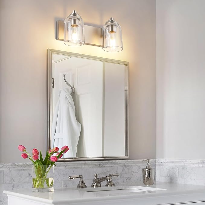 SOLFART Brushed Nickel Bathroom Light Fixture Vanity Lighting Fixtures Over Mirror 2 Light Bathroom Vanity Light Nickel Wall Light