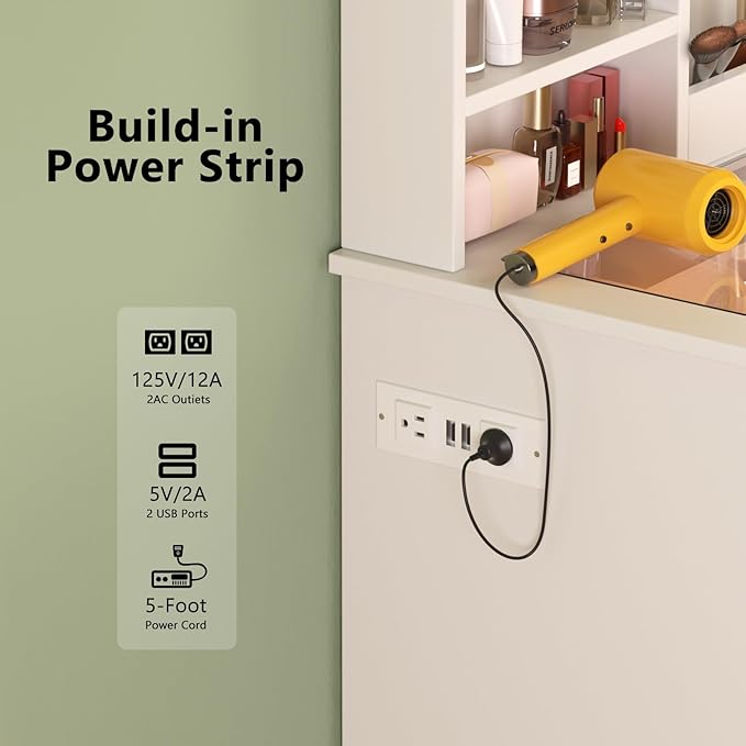 Vanity Desk with Mirror and Lights, Glass Top & Power Outlet | Makeup Vanity Set with Chair | Small Dressing Table with 2 Drawers and Cabinet Storage for Bedroom(White)