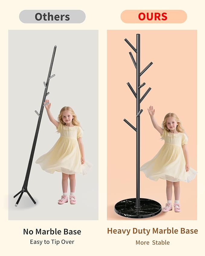 Metal Coat Rack with Natural Marble Base,Modern Coat Rack Stand with 8 Hooks,Sturdy Freestanging Coat Racks for Entryway,Office,Black Coat Jacket Hanger Tree Stand Coats, Scarves