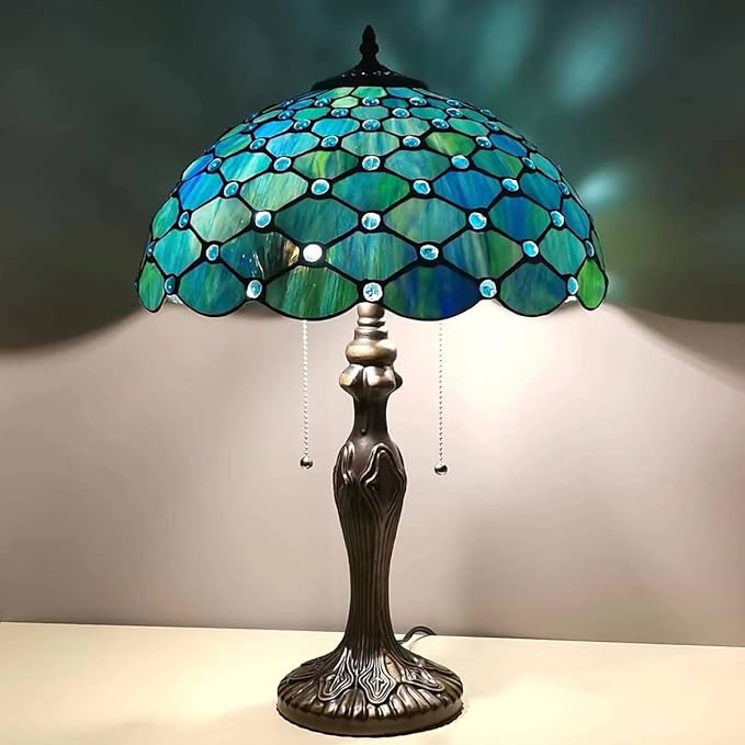 Tiffany Table Lamp Stained Glass Lamp 16X16X24 Inch Antique Standing Reading Light Living Room Office Bedroom (Sea Blue Pearl)