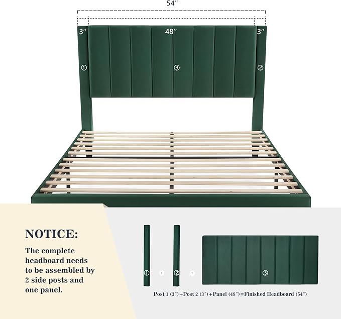 Allewie Full Bed Frame/Velvet Upholstered Bed Frame with Vertical Channel Tufted Headboard/Strong Wooden Slats/Platform Bed Frame/Mattress Foundation/Box Spring Optional/Easy Assembly/Green