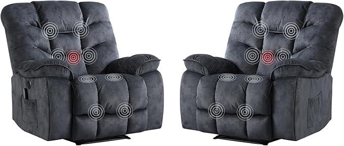 Oversized Power Recliner Chair with Massage and Heat Set of 2, 41" Wide Electric Reclining Chairs with USB Port, Breathable Fabric Overstuffed Reclining Sofa for Living Room Bedroom