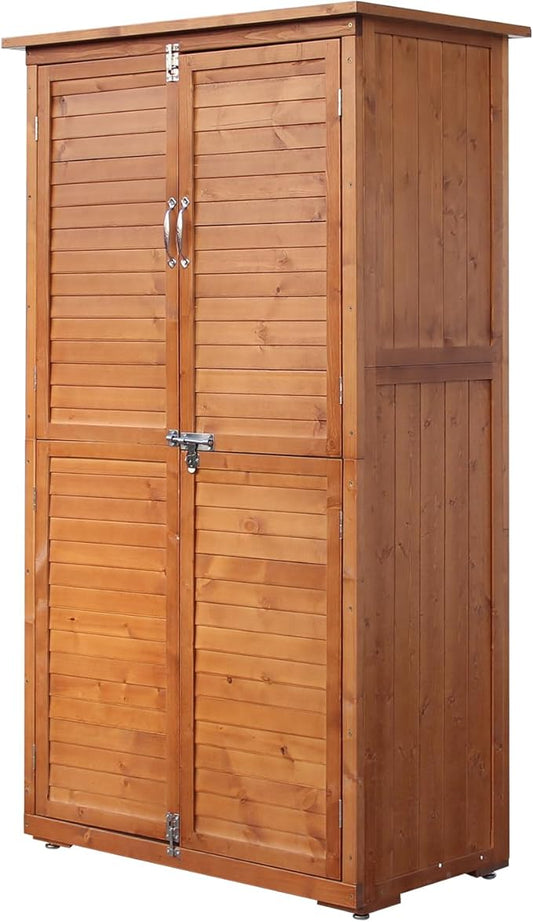 Outdoor Storage Cabinet, Wood Garden Shed, Pool Storage Shed with Lockable Door, Waterproof Roof and 2 Removable Shelves, Vertical Outside Storage Shed for Patio, Backyard and Lawn, Oak Brown