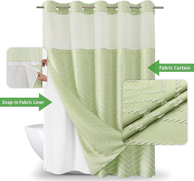 Sage Green No Hook Shower Curtain with Snap-in Liner Set,Boho Modern Farmhouse White Tufted Chevron Striped Design,Woven Fabric Bathroom Curtain,71x74