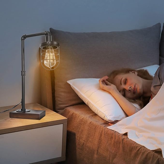 CONCA Steampunk Industrial Lamp, E26 Base Rustic Edison Light with Caged Wood Base and Iron Tube (Black)