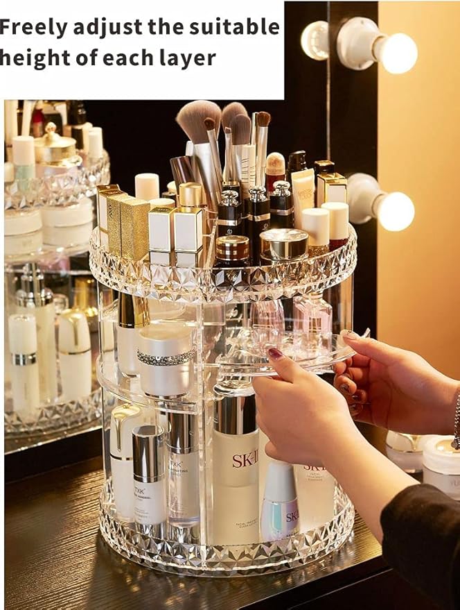 Cq acrylic Rotating Makeup Organizer,Adjustable Spinning Skincare Organizer for Vanity,Countertop,Clear Rotating Perfume Organizer,Bathroom Lazy Susan Organizers,Spin Beauty Product Storage Rack,1Pack