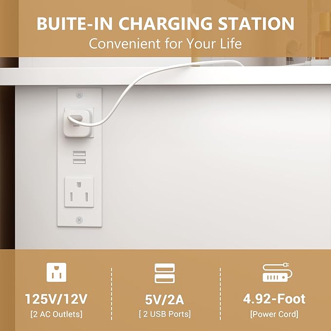 Vanity Desk with Mirror and Lights, Makeup Vanity with Charging Station & Vanity Stool, 3 Drawers and Cabinets White Vanity Mirror with RGB LED Lights Vanity Desk and Chair for Women