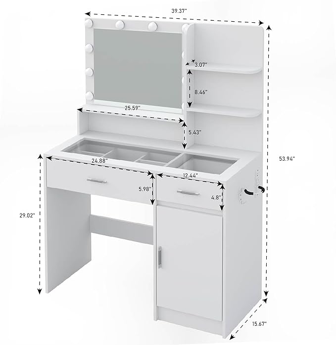 Modern White Vanity Desk with Lighted Mirror & RGB Adjustable Brightness – Elegant Dressing Table with Glass Top & Power Outlet, Perfect for Women & Girls' Bedrooms - 36 Lighting Modes (White)