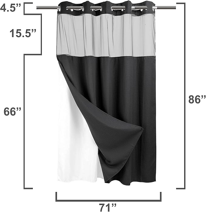 River Dream Heavyweight No Hooks Required Dotted Waffle Weave Shower Curtain with Snap in Liner -Extra Long 71W x 86H,Hotel Grade,Spa Like Bath Curtain,Black